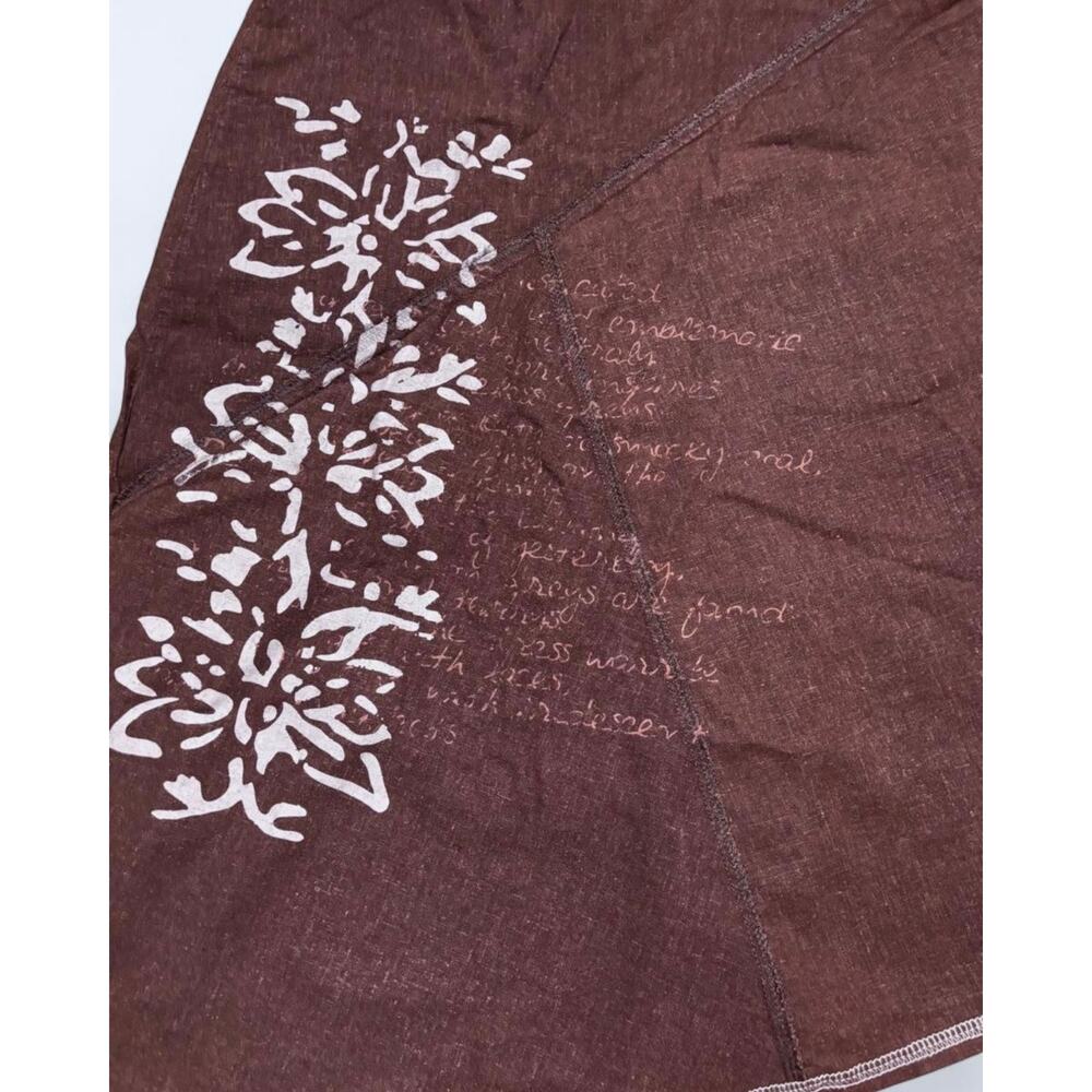 Vtg Y2K Brown Asymmetric Light Blue Contrast Stitch Text Print Linen Midi Skirt - Picture 2 of 5